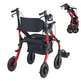 2-in-1 Rollator Walker & Transport Chair for Seniors, Foldable Rolling Walker Wheelchair (Walker Type: 2-in-1 Rollator Walker, Material & Color: Aluminum-Red)